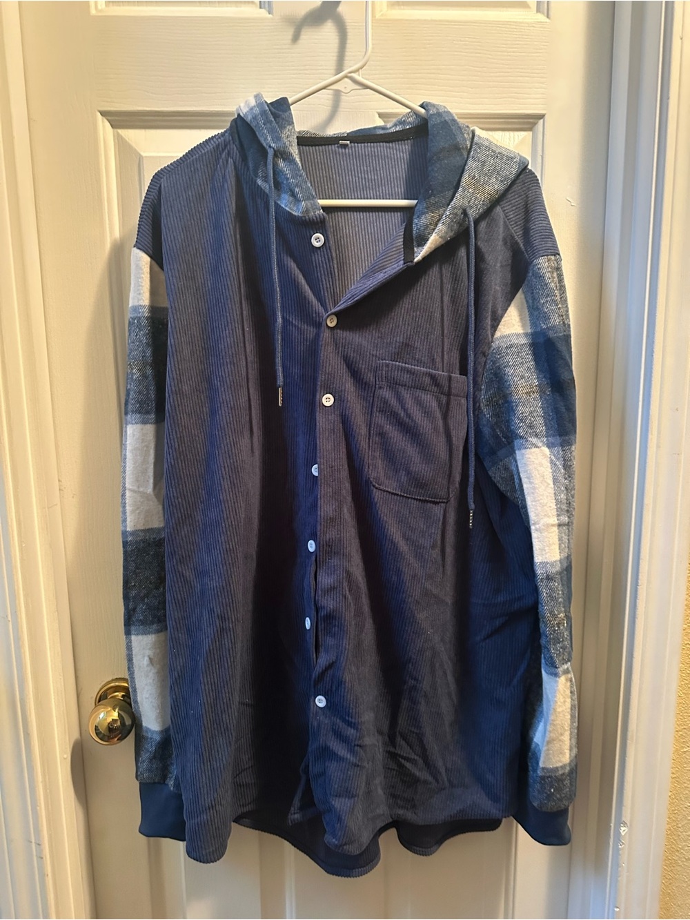 Blue Corduroy Button-Up Hoodie with Plaid Sleeves